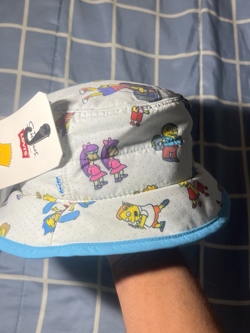 Levi's White Kids Cartoon Print Bucket Hat with Blue Trim